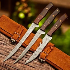 3 Pc Fillet Knife set Handmade Damascus Steel Fishing Knife Best Gift