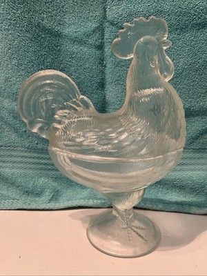 Vintage Glass Standing Rooster Two Part Covered Candy Dish -Chipped -Read