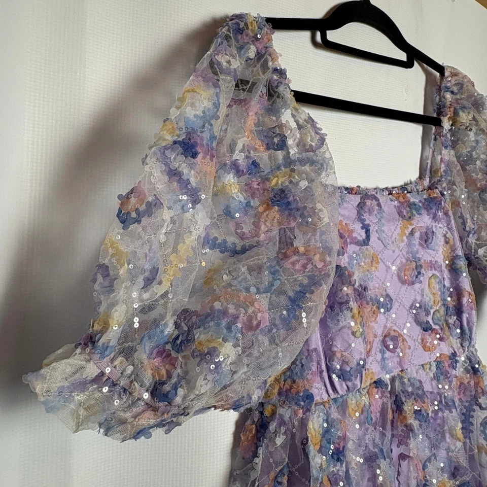 JODIFL 女式薰衣草花卉亮片袖口方领连衣裙 L 码仙女 — 第 2/4 张图片