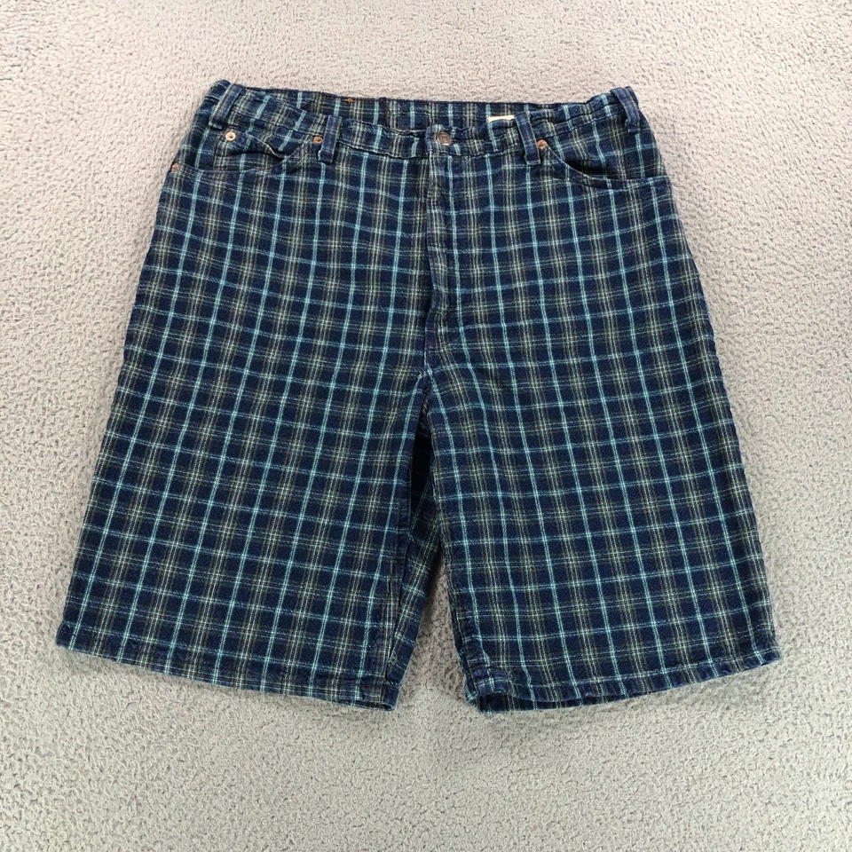 Pantalones Cortos Levis De Colección Hombres 36 Azul Cuadros Naranja Pestaña Sueltos Denim Pantalones Cortos Hechos en EE. UU. Años 90 Foto 3 de 4