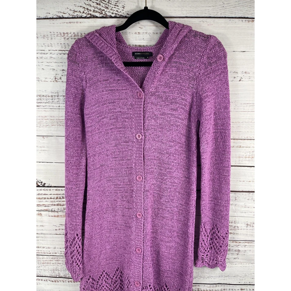BCBGMAXAZRIA Sweater Women's Medium Purple Hooded Button Cardigan Crochet Hem - Image 2 of 4