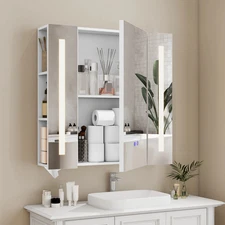 Dimmable LED Lighted Cabinet Bathroom Mirror, Anti-Fog Defogger,Adjustable Shelf
