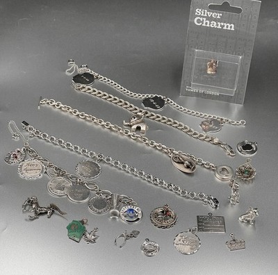 Vtg 5 Sterling Charm Bracelet Lot, 13 Loose Charm, Figural Bunny Horse Dog Crown