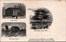 1913 Medway Millis Mass Bi-Centennial Postcard First Church School King Philip