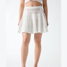 Vintage Cotton Crochet A-Line Mini Skirt Size M White Openwork Lined Cottagecore