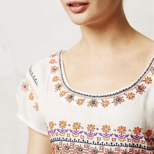 Anthropologie Vanessa Virginia White Daisy Chain Embroidered Top - Size Large - Picture 3 of 11