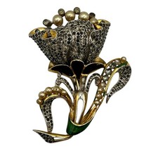 AS IS Vintage Coro Signed Flower Brooch Rhinestone Enamel Faux Pearl Jewelry