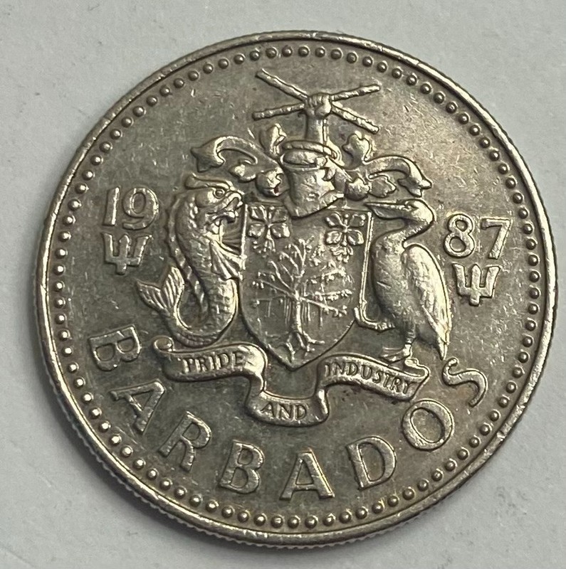 1987*Barbados Quarter*High Grade*Patina*XF/AU*(Rare Find)*(Ships FREE)