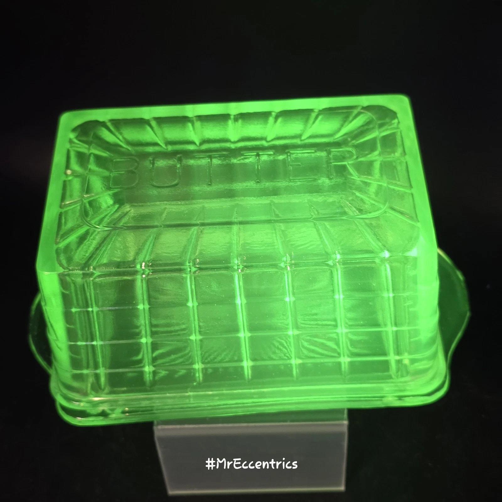 Vtg Anchor Hocking Block Optic Green Uranium Glass Butter Dish 1930s Base & Lid