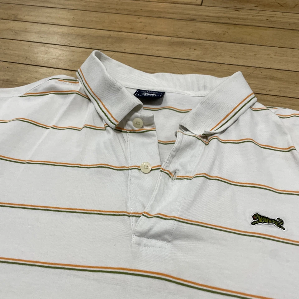 Camisa polo masculina vintage Le Tigre L branca verde amarela listrada logotipo tigre rara - Imagem 4 de 4