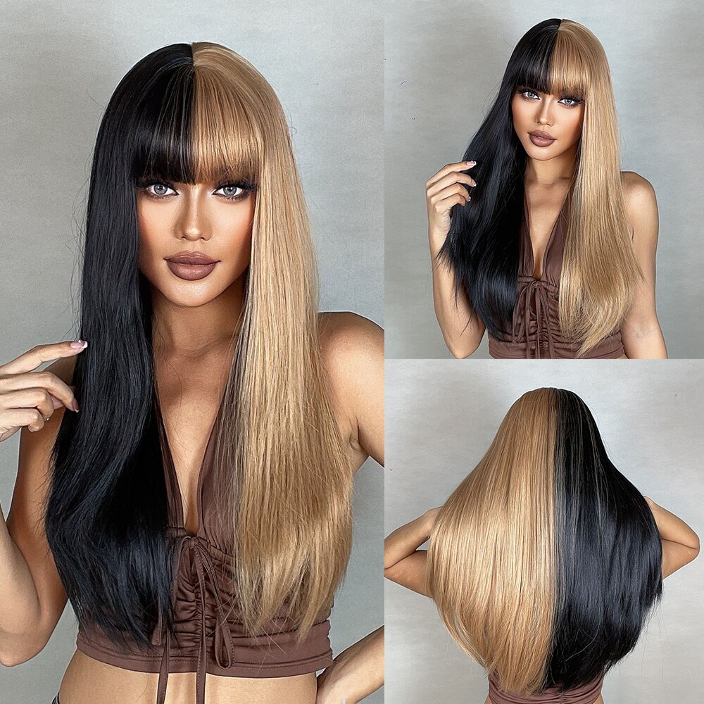 Long Straight Synthetic Wigs Black Blonde Wig for Women Heat  display picture 3