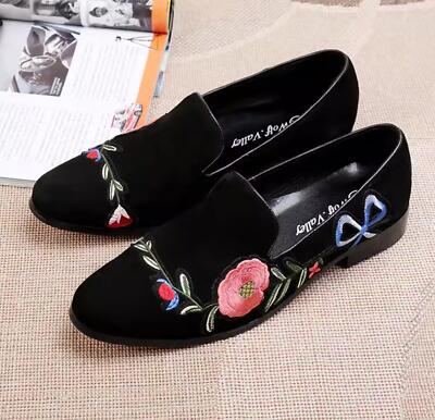 Men's Retro Elegant Leisure Pump Oxfords Embroidery Floral Pull On Black Shoes
