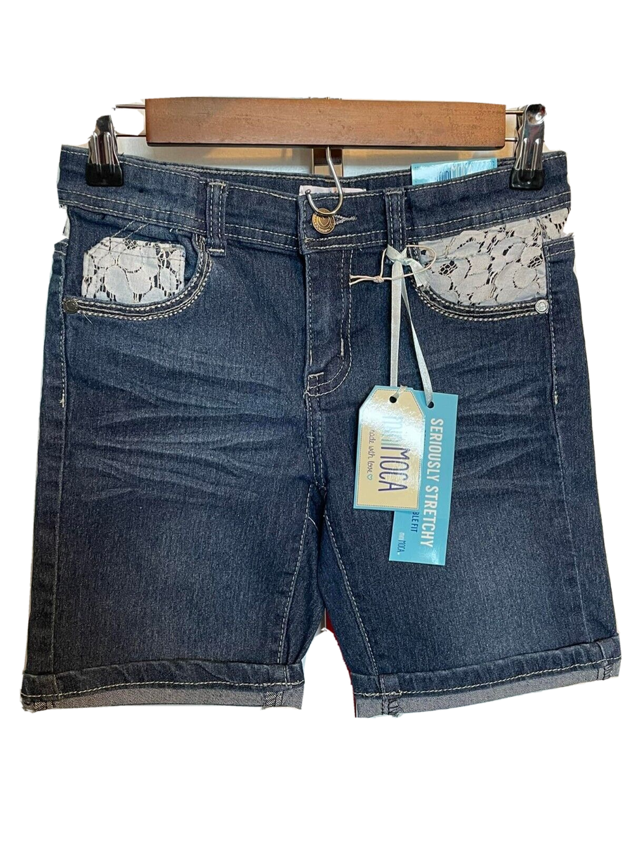 Mini Moca Girls Dark Wash Stretch Crochet Denim Bermuda Shorts New