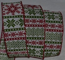 Wired Ribbon Christmas Snowflake Stripe Holiday Red 1.5" Green White Wreath Bow