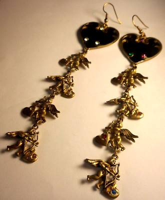 Vtg Look Black Enamel Heart Crystal Dangling Brass Cherub Hook Earrings 6''