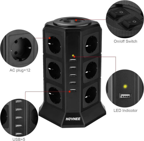 Multipresa Verticale Con 12 Prese 2500W 10A+5 USB Ciabatta x SmartPhone, Tablet - Foto 3 di 6