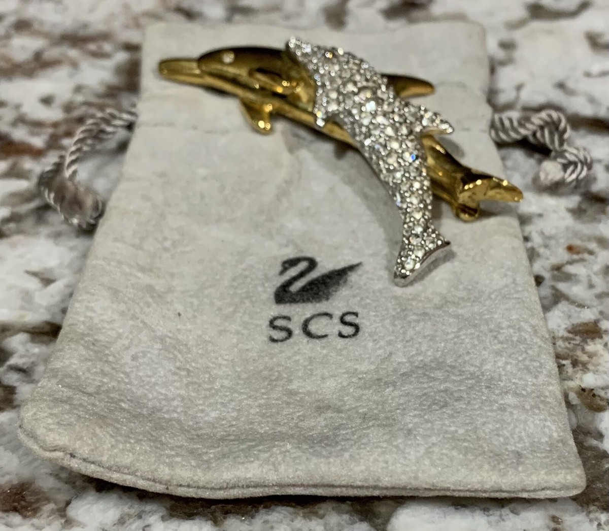 SWAROVSKI Crystal Pave 18K GP Vintage Dolphin Brooch Pin, Swan