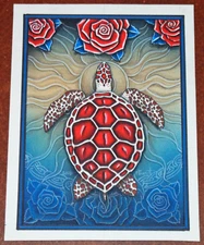 Michael Everett Original Art Red Sea Turtle 2007 Grateful Dead Blue Rose & Sun