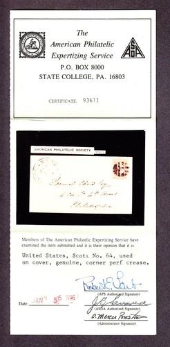 US 64 3c Washington Pink Used on Immaculate Ladies Cover w/ APS Cert SCV $900 - Picture 3 of 3