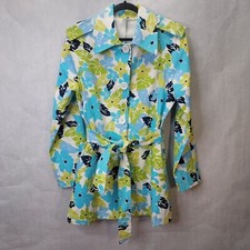 Floral Trench Coat Women's Med Blue Green White Belted Pockets Cotton Jacket