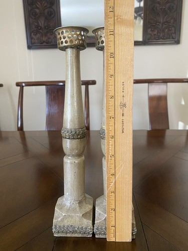Vintage Rustic Wooden Candle Stick Holders With Metal Top 11.5'' Tall Pair - Picture 8 of 11