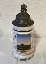 Antico boccale da birra boccale in porcellana con immagine sul fondo Ludwigsburg König Schloss, 1900 circa