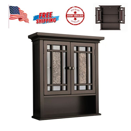 Home Storage Windsor Wooden Wall Cabinet with Glass Mosaic Doors, Dark Espresso