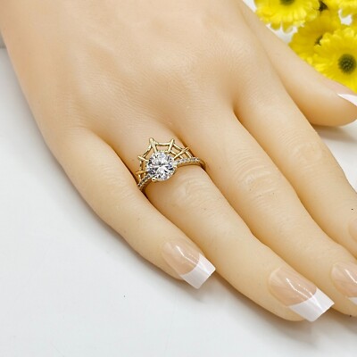 14K Gold Plated Clear Crystals Spiderweb Ring. Women's Jewelry Oro Laminado.