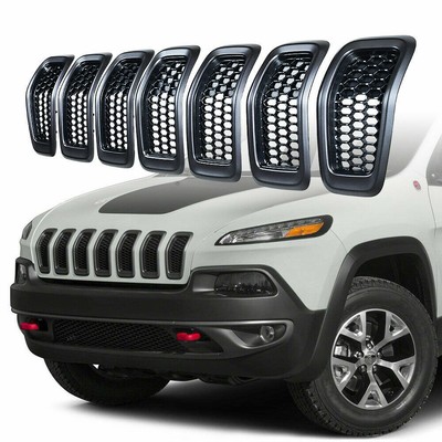 Black Mesh Honeycomb Grille Inserts For 2014-2018 Jeep Cherokee - Retro Gray Ring, 7-Piece Set