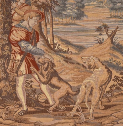 Large 53" Tall Vintage French Wool Hanging Tapestry of Two Men Hunting w/Dogs - Imagen 7 de 12