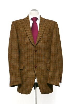 Harris Tweed Sakko Jackett 26 grün oliv kariert einreihig 2-Knopf Lederknöpfe
