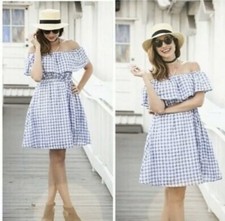 Anthropologie 11-1 Tylho Kinsey Off-The-Shoulder Dress Large Plaid Gingham Blue