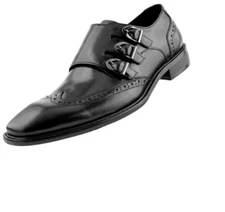 New Men’s Black Wing Tip Brogue Triple Monk Strap Formal Dress Handmade Shoes