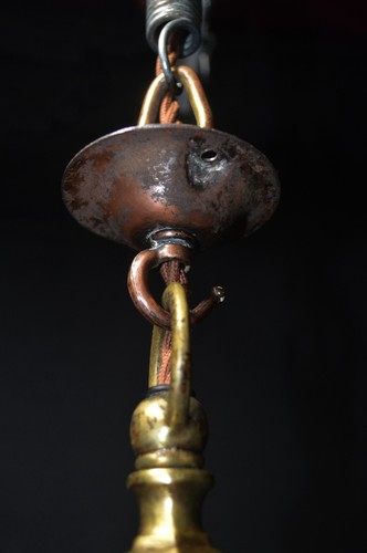 art deco industrial Opaline glass bronze & brass schoolhouse pendant light C1920 - Picture 9 of 19