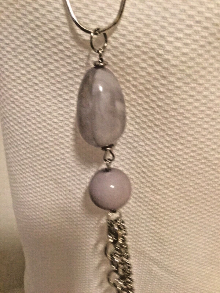 Lilac Purple Stone Beads with Silver Tone Links Long Necklace and Earring Set - Image 2 of 4