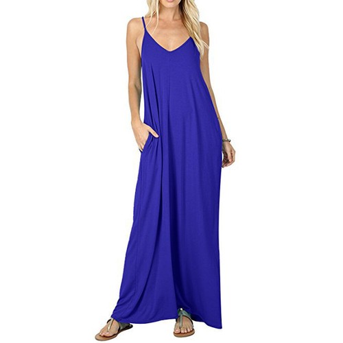 Womens Loose V Neck Pocket Maxi Dress Summer Beach Strapy Boho Long Sundress - 第 16/18 張圖片
