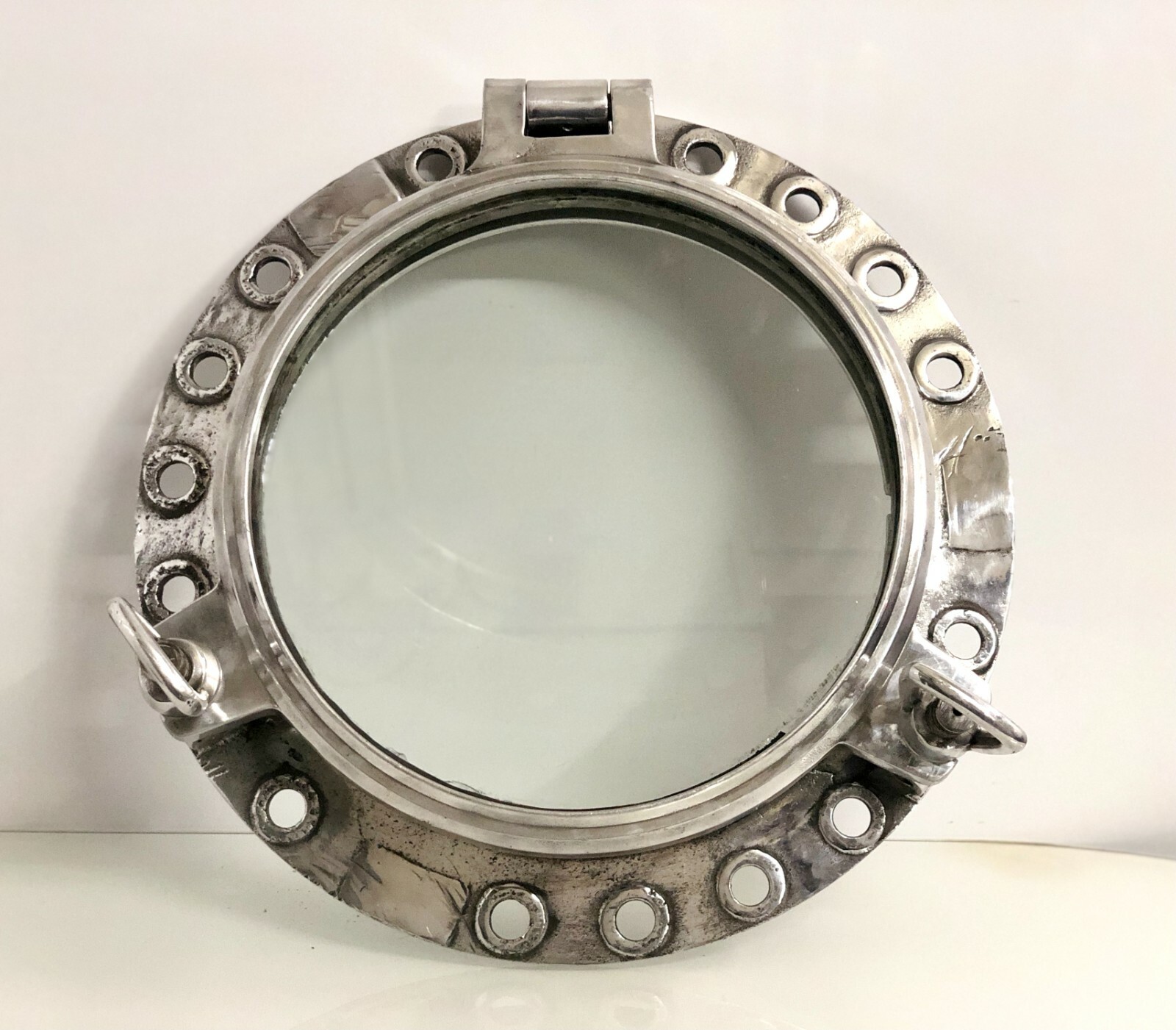 Old Vintage Aluminum Nautical Antique Ship Round Porthole/Window with Two Dogs