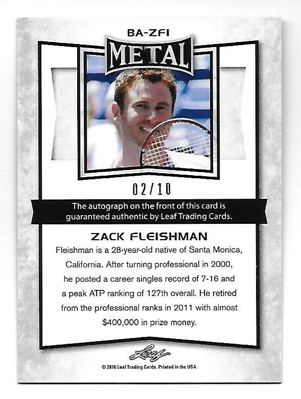 ZACK FLEISHMAN 2016 Leaf Metal Tennis Pink Prismatic Refractor autograph 2/10 - Image 2 of 2