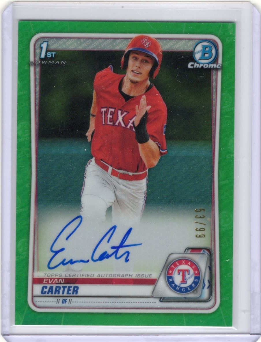 2020 BOWMAN CHROME 1ST PROSPECT AUTO GREEN REFRACTOR RANGERS - EVAN CARTER 53/99