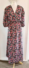 Shein Black Pink Green Floral Puff Sleeve Maxi Dress 20-22 Elasticated Waist VGC