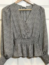 SIENNA SKY Women’s XS Animal Print Blouse,  V-Neck Long Sleeve, Peplum Waist