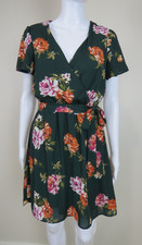 AUW As U Wish Green Floral Print V Neck Dress,Belt, Lined Size Small