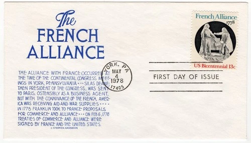 1978 FDC 1753 The French Alliance Bicentennial, C. Stephen Anderson blue cachet