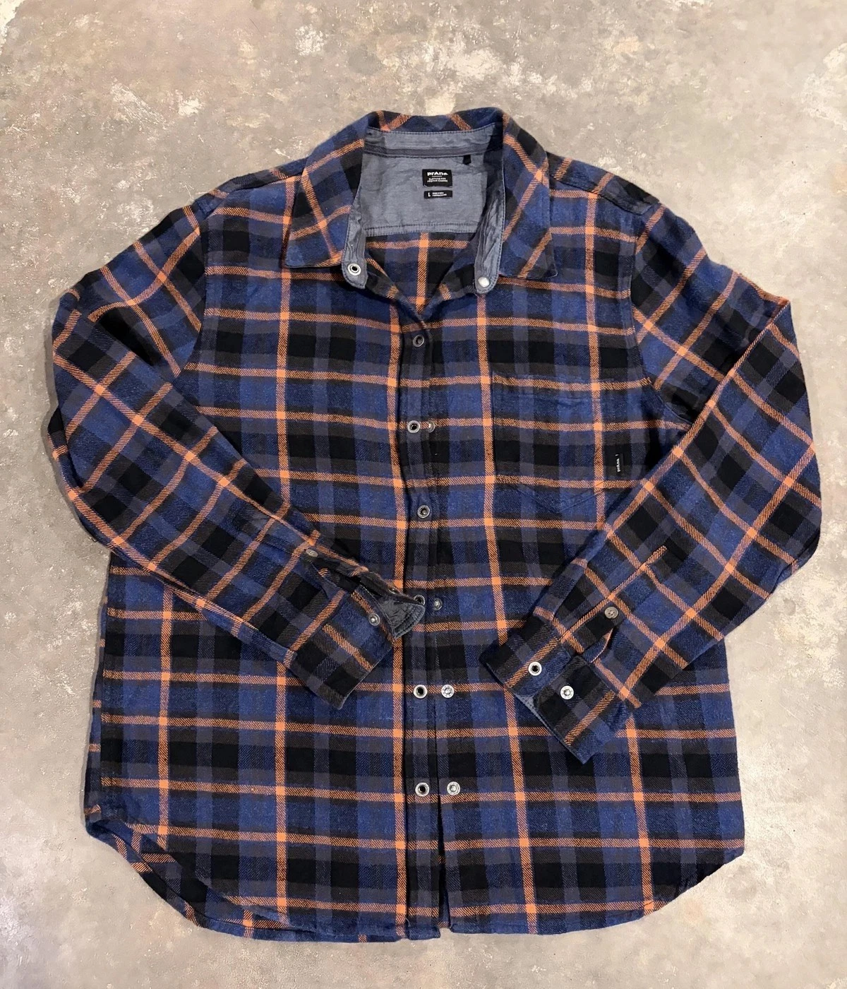 PrAna Flannel Shirt Mens Large Blue Plaid Snap Front Long Sleeve Casual Outdoor