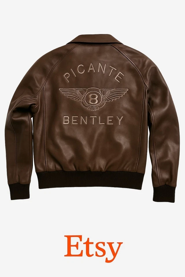 Chaqueta de bombardero de cuero marrón Bentley ropa exterior genuina de motociclista de carreras para hombre Foto 2 de 4