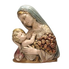 Vintage Chalkware Madonna & Child Roses Relief Wall Plaque Hand Painted 11”