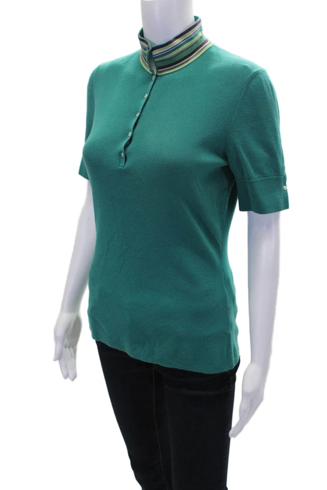 Top de mujer Loro Piana de algodón manga corta con cuello verde azulado talla 46 Foto 2 de 4