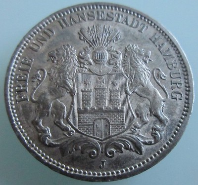 MDS GERMAN EMPIRE THREE 3 MARK 1912 J ''COAT OF ARMS HAMBURG'', SILVER #W