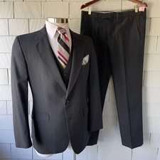 80’s Vintage Black Wool Cartier Collection Botany 500 Mens 3pc Swanky Suit Sz 40