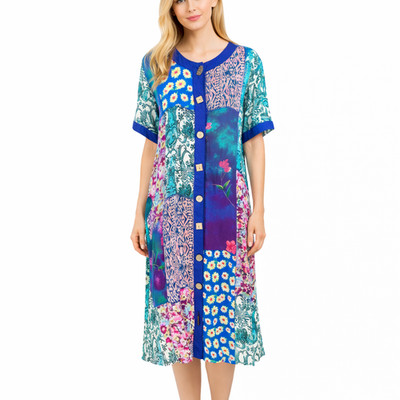La Cera Button Dress Patchwork Boho Ethnic Midi Pockets Cottage Whimsy Size XL